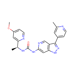 COc1ccnc([C@H](C)NC(=O)Nc2cc3[nH]nc(-c4ccnc(C)c4)c3cn2)c1 ZINC000261072076