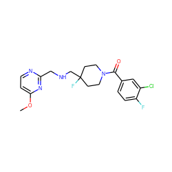 COc1ccnc(CNCC2(F)CCN(C(=O)c3ccc(F)c(Cl)c3)CC2)n1 ZINC000028711642