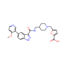 COc1ccncc1-c1ccc2[nH]nc(C(=O)NCC3CCN(Cc4ccc(C(=O)O)o4)CC3)c2c1 ZINC000220799021