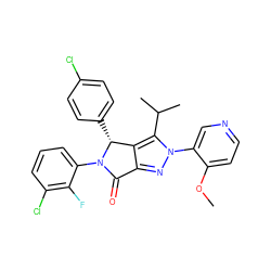 COc1ccncc1-n1nc2c(c1C(C)C)[C@@H](c1ccc(Cl)cc1)N(c1cccc(Cl)c1F)C2=O ZINC000224064666