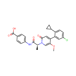 COc1cn([C@@H](C)C(=O)Nc2ccc(C(=O)O)cc2)c(=O)cc1-c1cc(Cl)ccc1C1CC1 ZINC001772601911