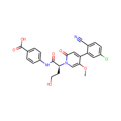 COc1cn([C@@H](CCO)C(=O)Nc2ccc(C(=O)O)cc2)c(=O)cc1-c1cc(Cl)ccc1C#N ZINC001772589954