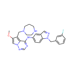 COc1cn2ncnc(Nc3ccc4c(cnn4Cc4cccc(F)c4)c3)c2c1CN1CCCNCC1 ZINC000028903137