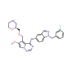COc1cn2ncnc(Nc3ccc4c(cnn4Cc4cccc(F)c4)c3)c2c1COC[C@@H]1CNCCO1 ZINC000028901604