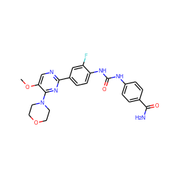 COc1cnc(-c2ccc(NC(=O)Nc3ccc(C(N)=O)cc3)c(F)c2)nc1N1CCOCC1 ZINC000205771768