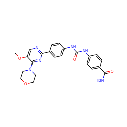 COc1cnc(-c2ccc(NC(=O)Nc3ccc(C(N)=O)cc3)cc2)nc1N1CCOCC1 ZINC000118177046