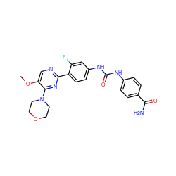 COc1cnc(-c2ccc(NC(=O)Nc3ccc(C(N)=O)cc3)cc2F)nc1N1CCOCC1 ZINC000205768617