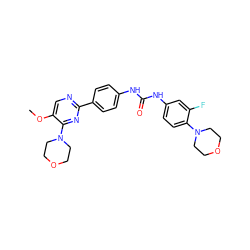 COc1cnc(-c2ccc(NC(=O)Nc3ccc(N4CCOCC4)c(F)c3)cc2)nc1N1CCOCC1 ZINC000205771359