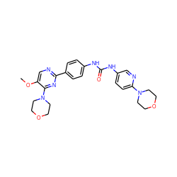 COc1cnc(-c2ccc(NC(=O)Nc3ccc(N4CCOCC4)nc3)cc2)nc1N1CCOCC1 ZINC000118175790