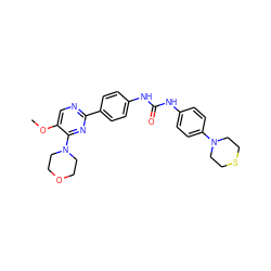 COc1cnc(-c2ccc(NC(=O)Nc3ccc(N4CCSCC4)cc3)cc2)nc1N1CCOCC1 ZINC000118271137