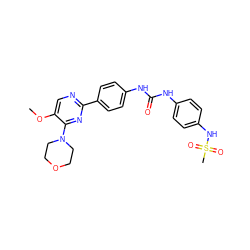 COc1cnc(-c2ccc(NC(=O)Nc3ccc(NS(C)(=O)=O)cc3)cc2)nc1N1CCOCC1 ZINC000118179335