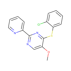 COc1cnc(-c2ccccn2)nc1Sc1ccccc1Cl ZINC000003128550