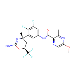 COc1cnc(C(=O)Nc2cc(F)c(F)c([C@]3(C)C[C@@H](C(F)(F)F)OC(N)=N3)c2)c(C)n1 ZINC000223550103