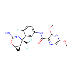 COc1cnc(C(=O)Nc2ccc(F)c([C@@]3(C(F)F)N=C(N)O[C@@H]4C[C@@H]43)c2)c(OC)n1 ZINC000226096371