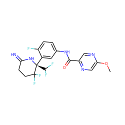 COc1cnc(C(=O)Nc2ccc(F)c([C@@]3(C(F)F)NC(=N)CCC3(F)F)c2)cn1 ZINC001772610605