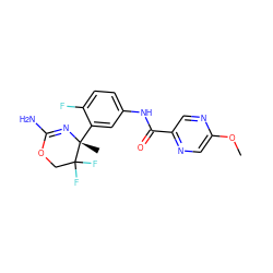 COc1cnc(C(=O)Nc2ccc(F)c([C@@]3(C)N=C(N)OCC3(F)F)c2)cn1 ZINC000095604139
