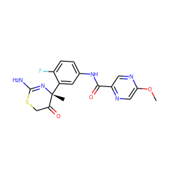 COc1cnc(C(=O)Nc2ccc(F)c([C@@]3(C)N=C(N)SCC3=O)c2)cn1 ZINC000147500250