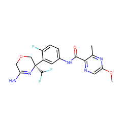 COc1cnc(C(=O)Nc2ccc(F)c([C@]3(C(F)F)COCC(N)=N3)c2)c(C)n1 ZINC000113655948