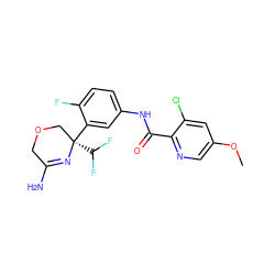 COc1cnc(C(=O)Nc2ccc(F)c([C@]3(C(F)F)COCC(N)=N3)c2)c(Cl)c1 ZINC000113655103