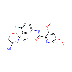 COc1cnc(C(=O)Nc2ccc(F)c([C@]3(C(F)F)COCC(N)=N3)c2)c(OC)c1 ZINC000113656662