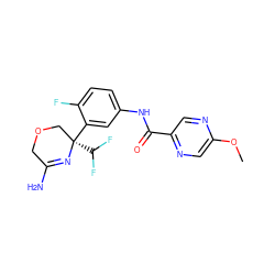 COc1cnc(C(=O)Nc2ccc(F)c([C@]3(C(F)F)COCC(N)=N3)c2)cn1 ZINC000113658428