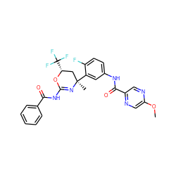 COc1cnc(C(=O)Nc2ccc(F)c([C@]3(C)C[C@@H](C(F)(F)F)OC(NC(=O)c4ccccc4)=N3)c2)cn1 ZINC000223524427