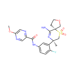 COc1cnc(C(=O)Nc2ccc(F)c([C@]3(C)CS(=O)(=O)[C@@]4(CCOC4)C(N)=N3)c2)cn1 ZINC000207734959