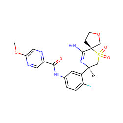 COc1cnc(C(=O)Nc2ccc(F)c([C@]3(C)CS(=O)(=O)[C@]4(CCOC4)C(N)=N3)c2)cn1 ZINC000207735001