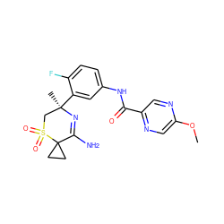 COc1cnc(C(=O)Nc2ccc(F)c([C@]3(C)CS(=O)(=O)C4(CC4)C(N)=N3)c2)cn1 ZINC000207719105