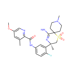 COc1cnc(C(=O)Nc2ccc(F)c([C@]3(C)CS(=O)(=O)C4(CCN(C)CC4)C(N)=N3)c2)c(C)c1 ZINC000214140047