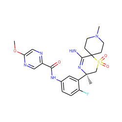 COc1cnc(C(=O)Nc2ccc(F)c([C@]3(C)CS(=O)(=O)C4(CCN(C)CC4)C(N)=N3)c2)cn1 ZINC000214129308