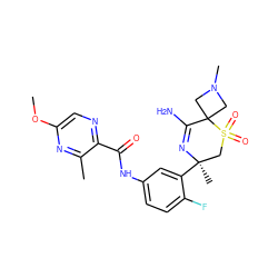 COc1cnc(C(=O)Nc2ccc(F)c([C@]3(C)CS(=O)(=O)C4(CN(C)C4)C(N)=N3)c2)c(C)n1 ZINC000214078860