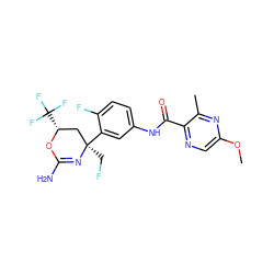 COc1cnc(C(=O)Nc2ccc(F)c([C@]3(CF)C[C@@H](C(F)(F)F)OC(N)=N3)c2)c(C)n1 ZINC000221123710