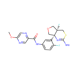 COc1cnc(C(=O)Nc2ccc(F)c([C@]34COC[C@@]3(F)CSC(N)=N4)c2)cn1 ZINC000261122565