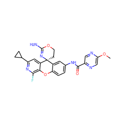 COc1cnc(C(=O)Nc2ccc3c(c2)[C@@]2(CCOC(N)=N2)c2cc(C4CC4)nc(F)c2O3)cn1 ZINC000205180297