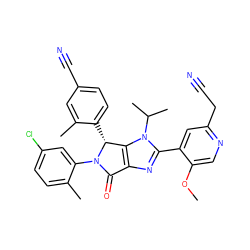 COc1cnc(CC#N)cc1-c1nc2c(n1C(C)C)[C@@H](c1ccc(C#N)cc1C)N(c1cc(Cl)ccc1C)C2=O ZINC000169705775