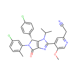 COc1cnc(CC#N)cc1-c1nc2c(n1C(C)C)[C@@H](c1ccc(Cl)cc1)N(c1cc(Cl)ccc1C)C2=O ZINC000169705560