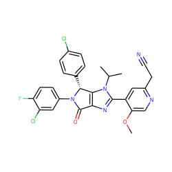 COc1cnc(CC#N)cc1-c1nc2c(n1C(C)C)[C@@H](c1ccc(Cl)cc1)N(c1ccc(F)c(Cl)c1)C2=O ZINC000169705773