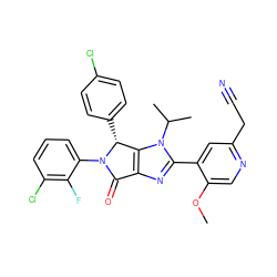 COc1cnc(CC#N)cc1-c1nc2c(n1C(C)C)[C@@H](c1ccc(Cl)cc1)N(c1cccc(Cl)c1F)C2=O ZINC000169705617