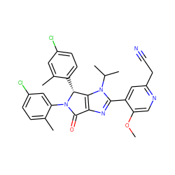COc1cnc(CC#N)cc1-c1nc2c(n1C(C)C)[C@@H](c1ccc(Cl)cc1C)N(c1cc(Cl)ccc1C)C2=O ZINC000169705558