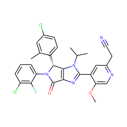 COc1cnc(CC#N)cc1-c1nc2c(n1C(C)C)[C@@H](c1ccc(Cl)cc1C)N(c1cccc(Cl)c1F)C2=O ZINC000169705542