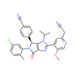 COc1cnc(CC#N)cc1-c1nc2c(n1C(C)C)[C@H](c1ccc(C#N)cc1)N(c1cc(Cl)ccc1C)C2=O ZINC000169705616