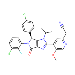 COc1cnc(CC#N)cc1-c1nc2c(n1C(C)C)[C@H](c1ccc(Cl)cc1)N(c1cccc(Cl)c1F)C2=O ZINC000169705618