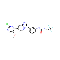 COc1cnc(Cl)nc1-c1ccn2c(-c3cccc(NC(=O)NCC(F)(F)F)c3)cnc2c1 ZINC000139633702