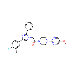 COc1cnc(N2CCN(C(=O)Cn3cc(-c4ccc(F)c(C)c4)nc3-c3ccccc3)CC2)nc1 ZINC000096284539