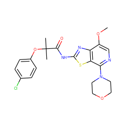 COc1cnc(N2CCOCC2)c2sc(NC(=O)C(C)(C)Oc3ccc(Cl)cc3)nc12 ZINC001772610494