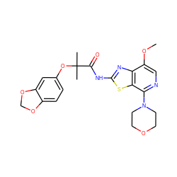 COc1cnc(N2CCOCC2)c2sc(NC(=O)C(C)(C)Oc3ccc4c(c3)OCO4)nc12 ZINC001772608887