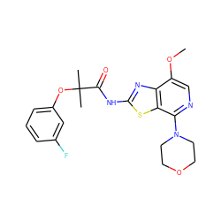 COc1cnc(N2CCOCC2)c2sc(NC(=O)C(C)(C)Oc3cccc(F)c3)nc12 ZINC001772618760