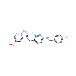 COc1cnc2[nH]cc(Cc3ccc(NCc4ccc(Cl)cc4)nc3F)c2c1 ZINC000117434075