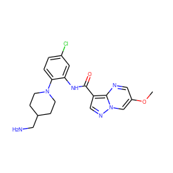 COc1cnc2c(C(=O)Nc3cc(Cl)ccc3N3CCC(CN)CC3)cnn2c1 ZINC000113653050